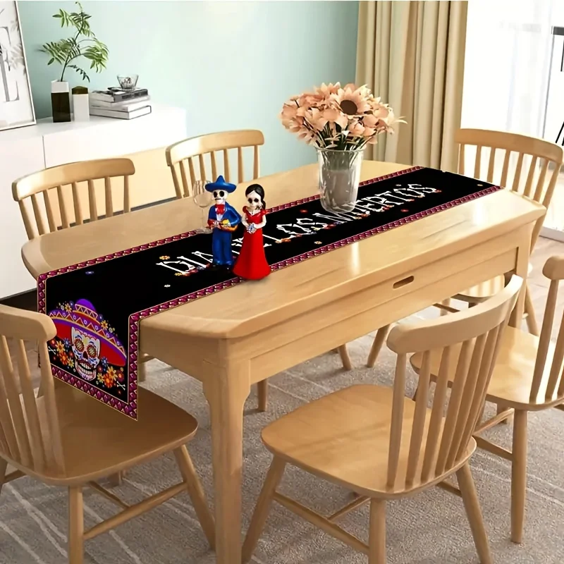 Mexican Skull Flowers Day of The Dead Linen Table Runner Home Decor Mexico Día De Los Muertos Table Runners Fiesta Party Decor