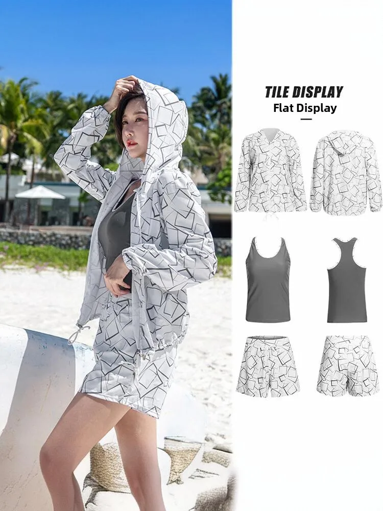 Hooded Swimsuit Women's Three-piece Conservative Large Size Beach Vacation Sunscreen Hot Spring Swimming Costume 206 New Style