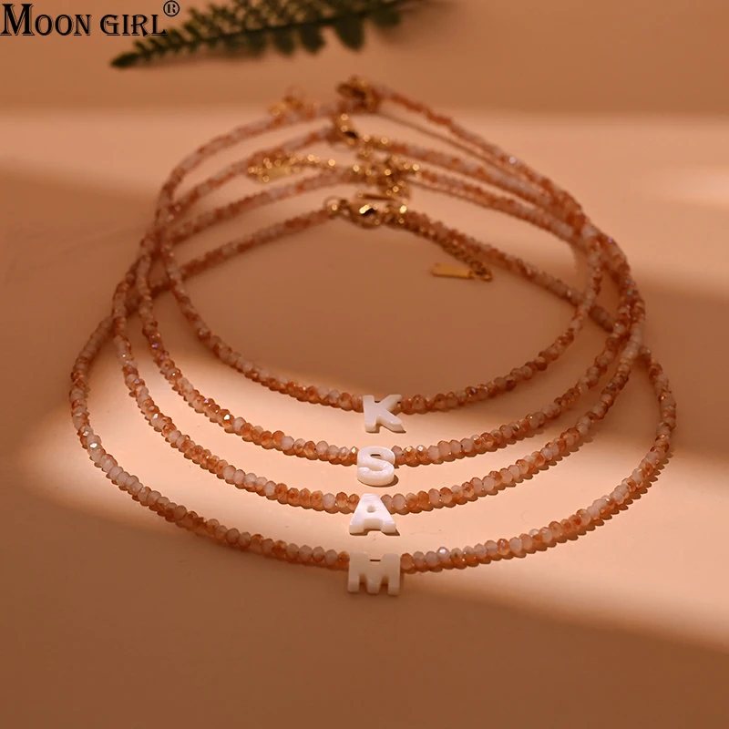 Stainless Steel Shell Initial Necklace for Women Shining Crystal Mother of Pearl Letter Fashion Necklace Femme Jewelry