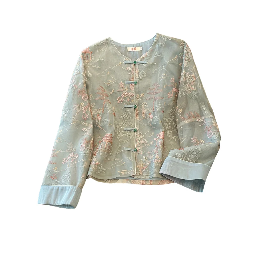 

Ele Chinese Sle Embroidered awl Coat Sun Protection Outerwear "Pavilion Tower" Pattern Thin Summer Faion Women's Top