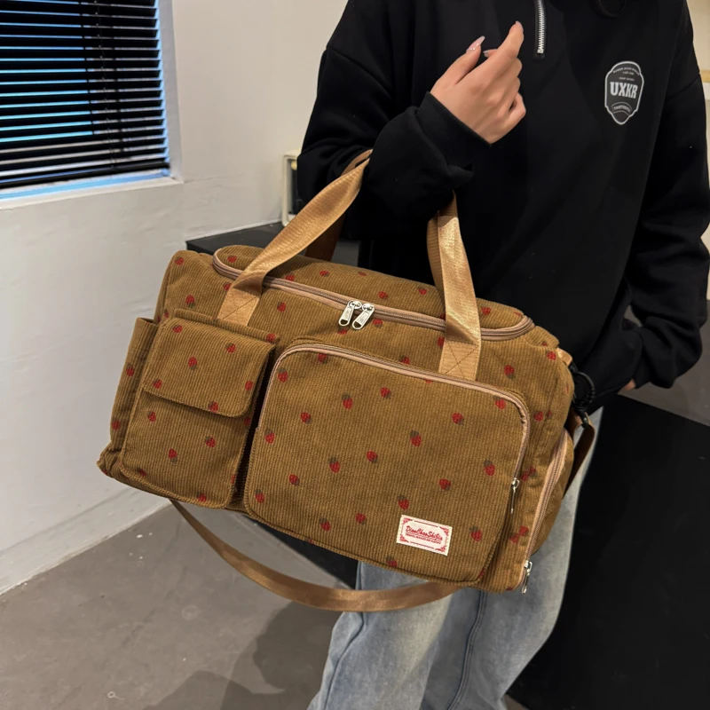 코듀로이 여행 토트 백 신발 칸이 있는 대용량 여행 가방 여성용 스포츠 피트니스 가방 더플 백