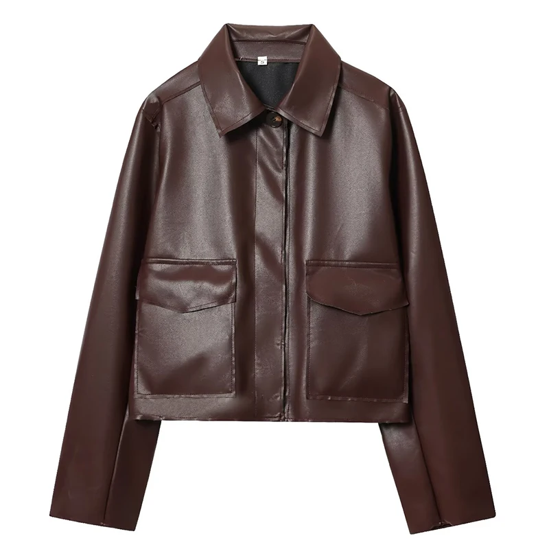 TFMLN Herbst Neue Leder Jacke Für Frauen 2025, Mode Taschen Oberbekleidung Revers Pu Mäntel Winter Streetwear Damen Tops Frauen