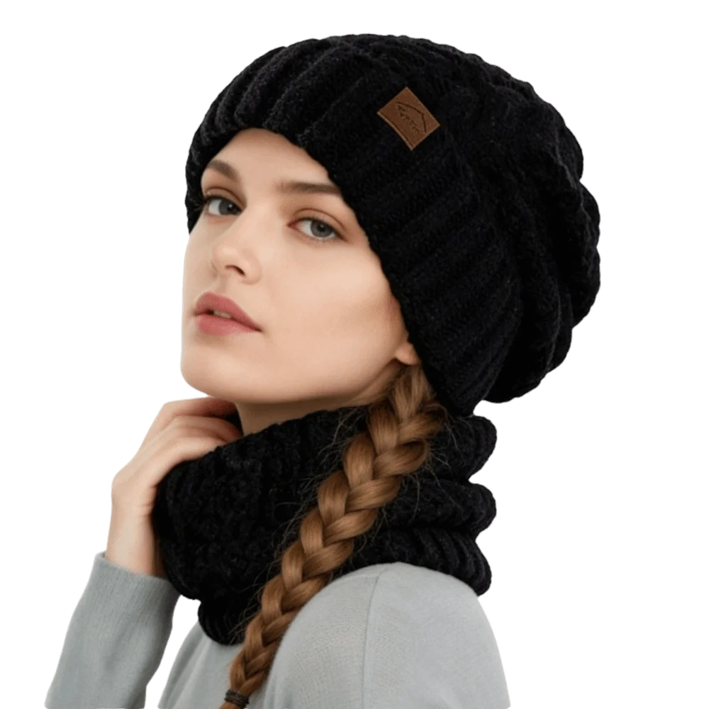 2Pcs/Set Casual Windproof Knitted Hat Scarf Set Cold-proof Keep Warm Beanies Cap Thickened Cycling Skiing Skullcap for Women
