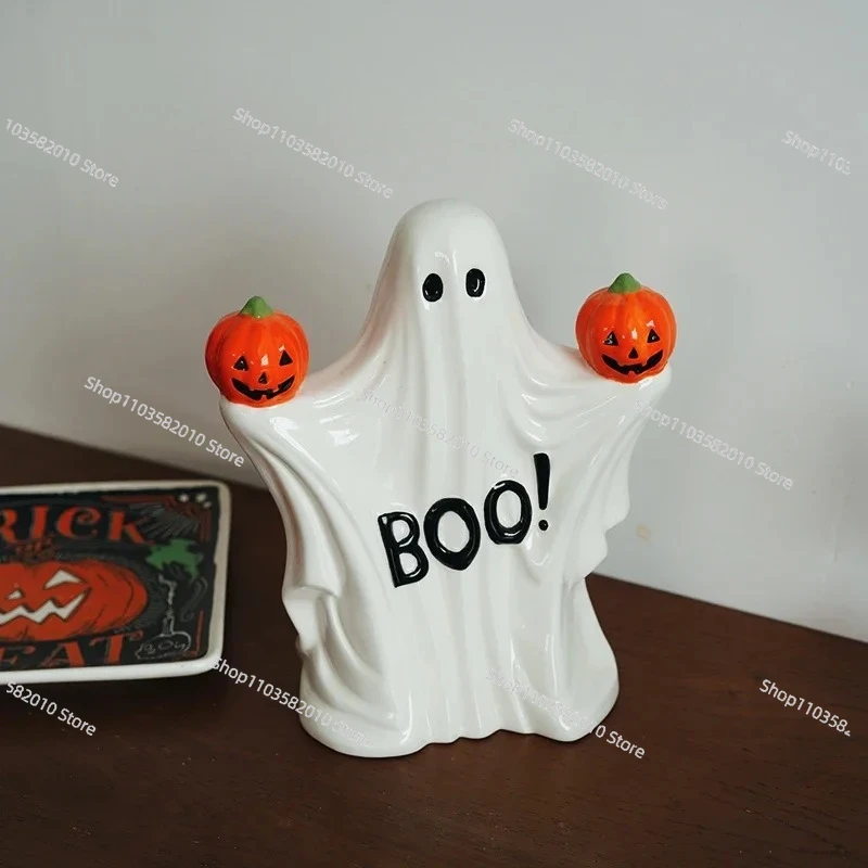 Halloween Fun Begins! European Hand-Painted Ghost Pumpkin Shape Ceramic Ornament Theme Arrangement Decoration