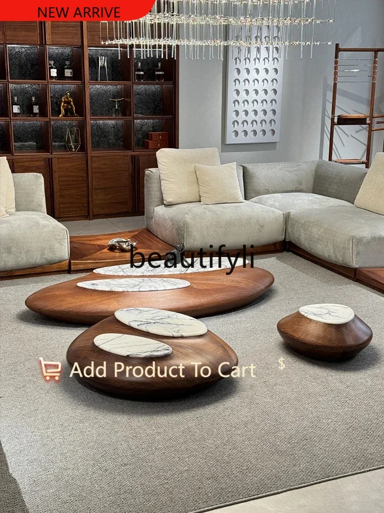 

North American black walnut solid wood coffee table Italian style living room cobblestone oval coffee table combination G1218
