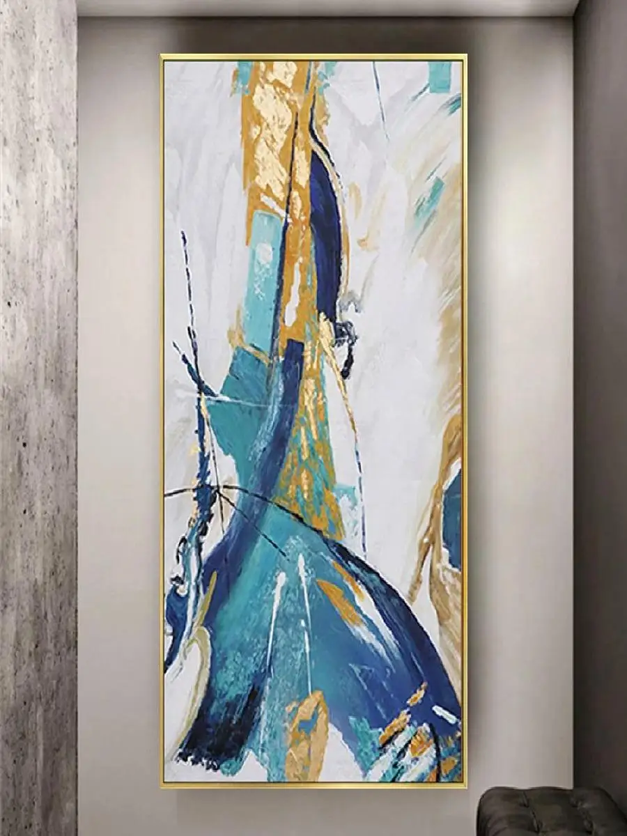 Handmade Blue Gray Yellow Abstract Oil Painting on Canvas  Textured Wall Art for Home Decor Gold Accents Modern Mural Artwork