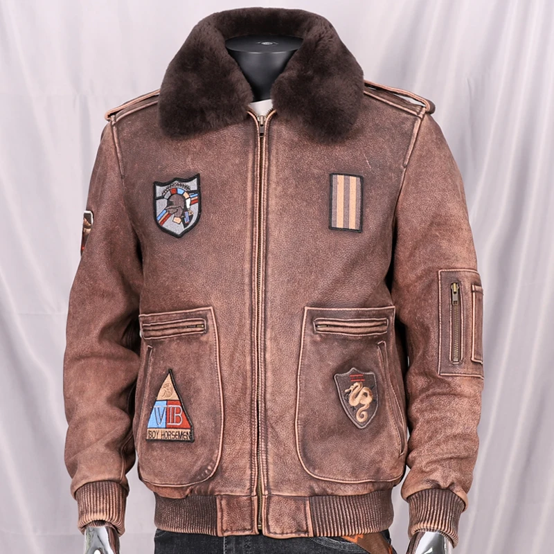 Men's Genuine Leather Coat High Top 100% Leather Layer Washed And Worn Multi Standard Flight Suit Fur Collar Winter Jacket