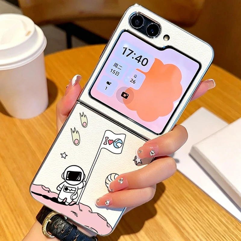 Space Planet Astronaut Case For Samsung Z Flip 5 6 7 FE Hybrid Leather Skin Plating Folding Cover For Samsung Z Flip7 Flip6