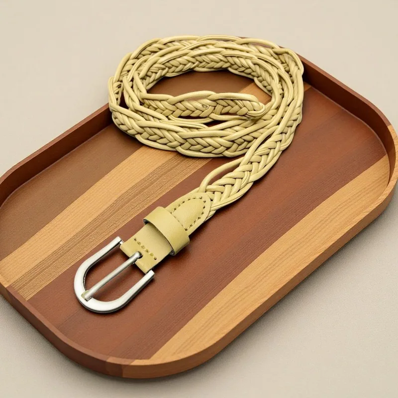 Fashionable Retro-Style Hand-Braided Twisted Thin Belt  Simple Dress-Style Pin Buckle Knotted Women’s Small Leather Belts