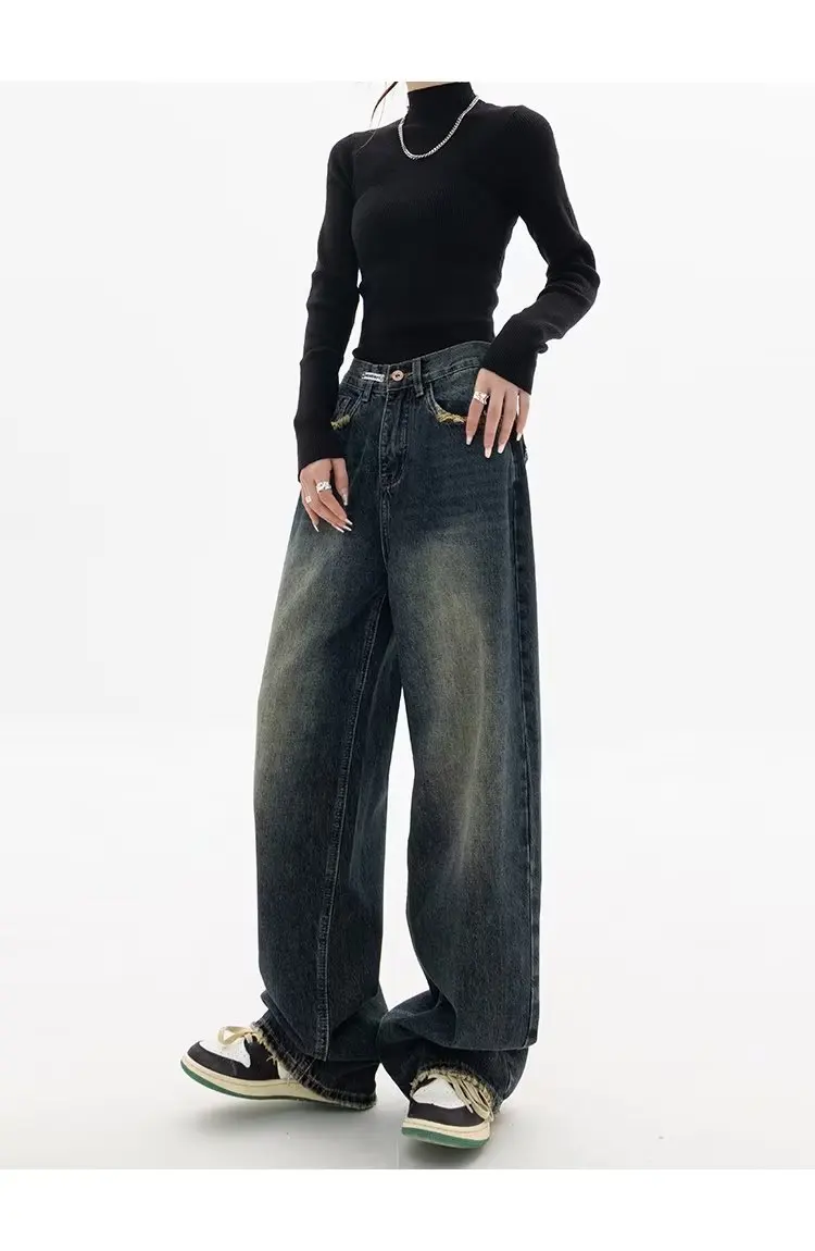 Frühling Herbst weites Bein Jeans Frauen hohe Taille Jeans hose Damen Jeans Harajuku Vintage bf Stil lose Femme Streetwear – Detail 5