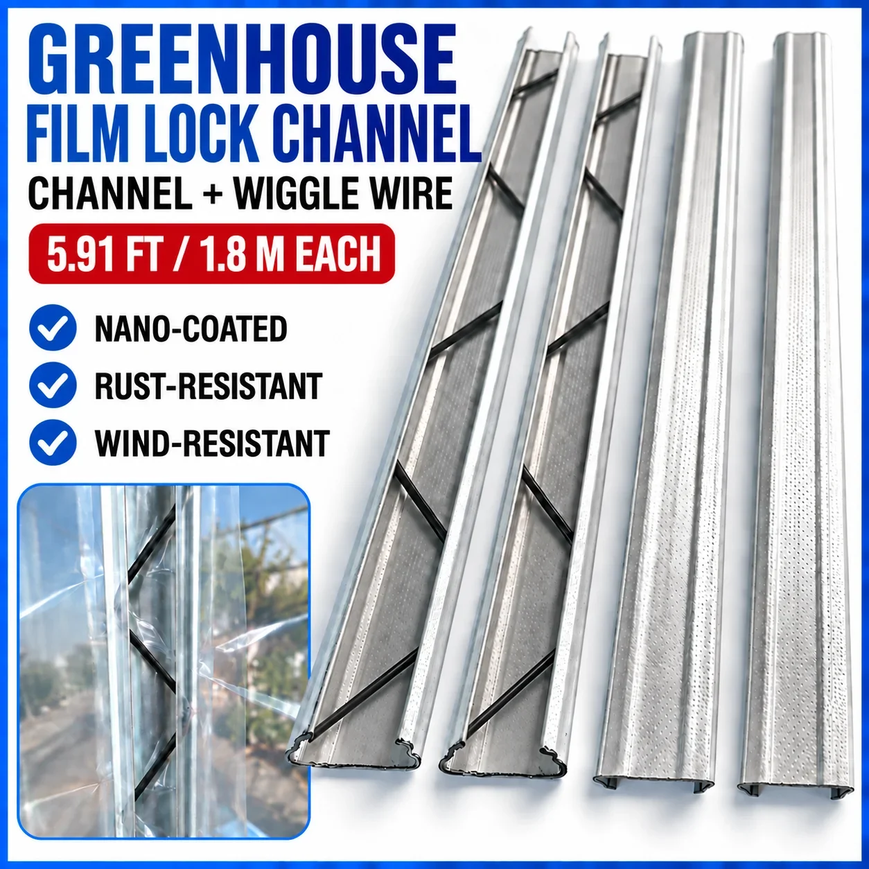 1.8M 5.91FT Greenhouse Film Lock Channel Wiggle Wire 0.5MM 0.7MM Nano-Coated Rust-Resistant Plastic Cover Hoop House 10-40 Sets