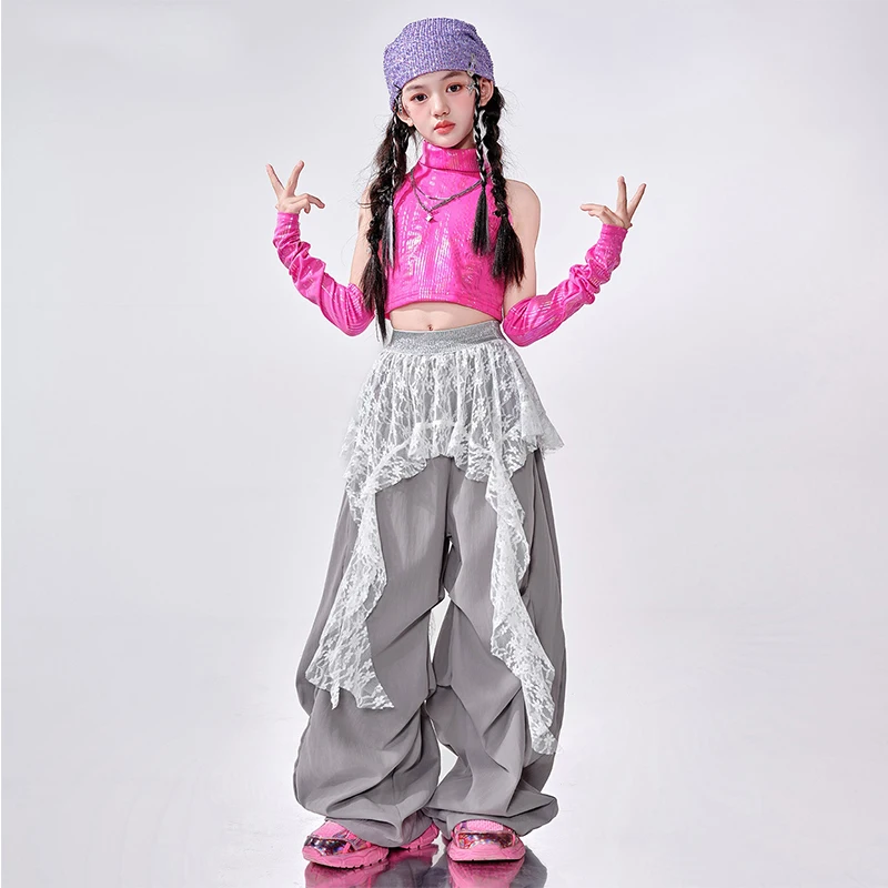2025 Nouveau Kpop Jazz Dance Outfit Filles Défilé De Mode Costume De Scène Rose Débardeur Gris Ligne Pantalon De Danse Cool Street Dancewear 2181
