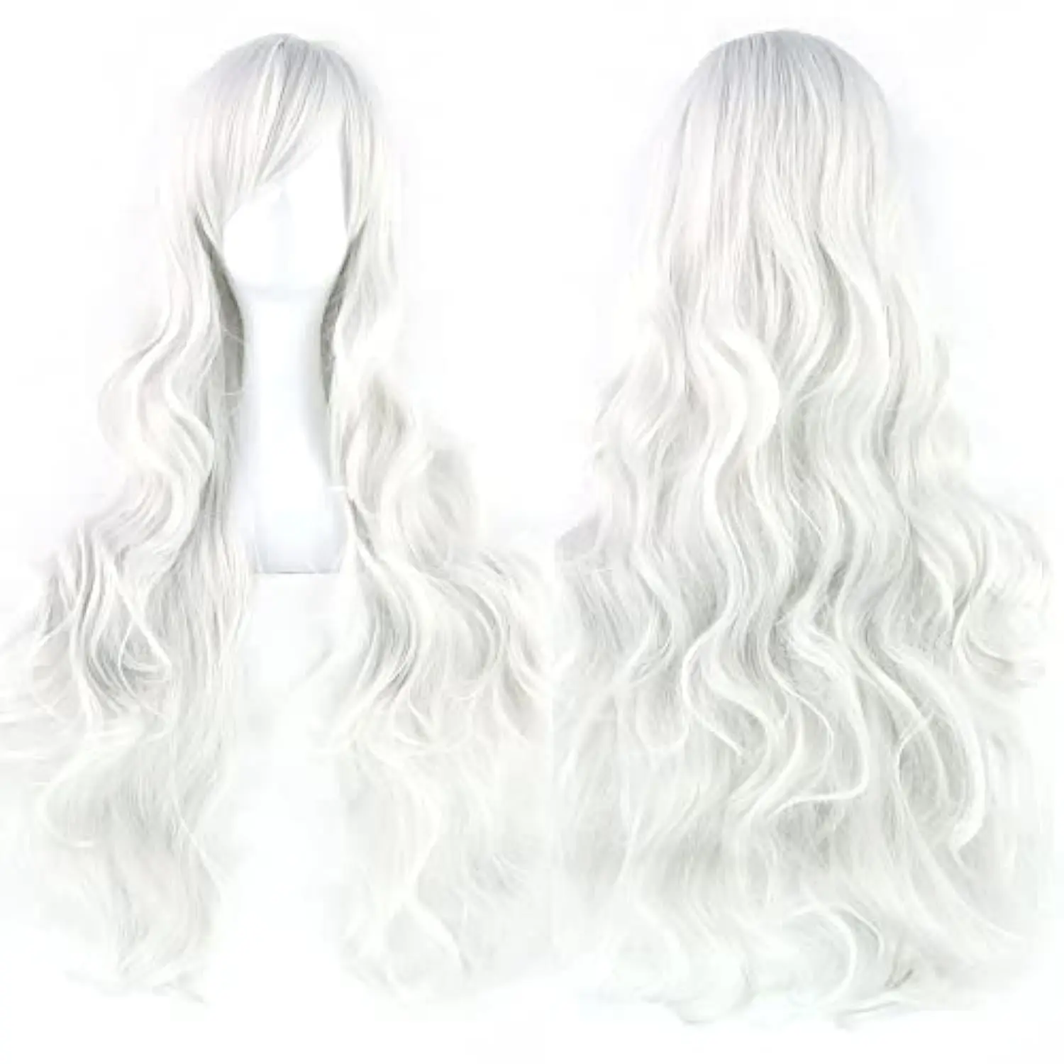 Halloween New Black Cat Cosplay Wig Women Silver White Long Curly Hair with Oblique Bangs Halloween Costume Party Wigs for Women