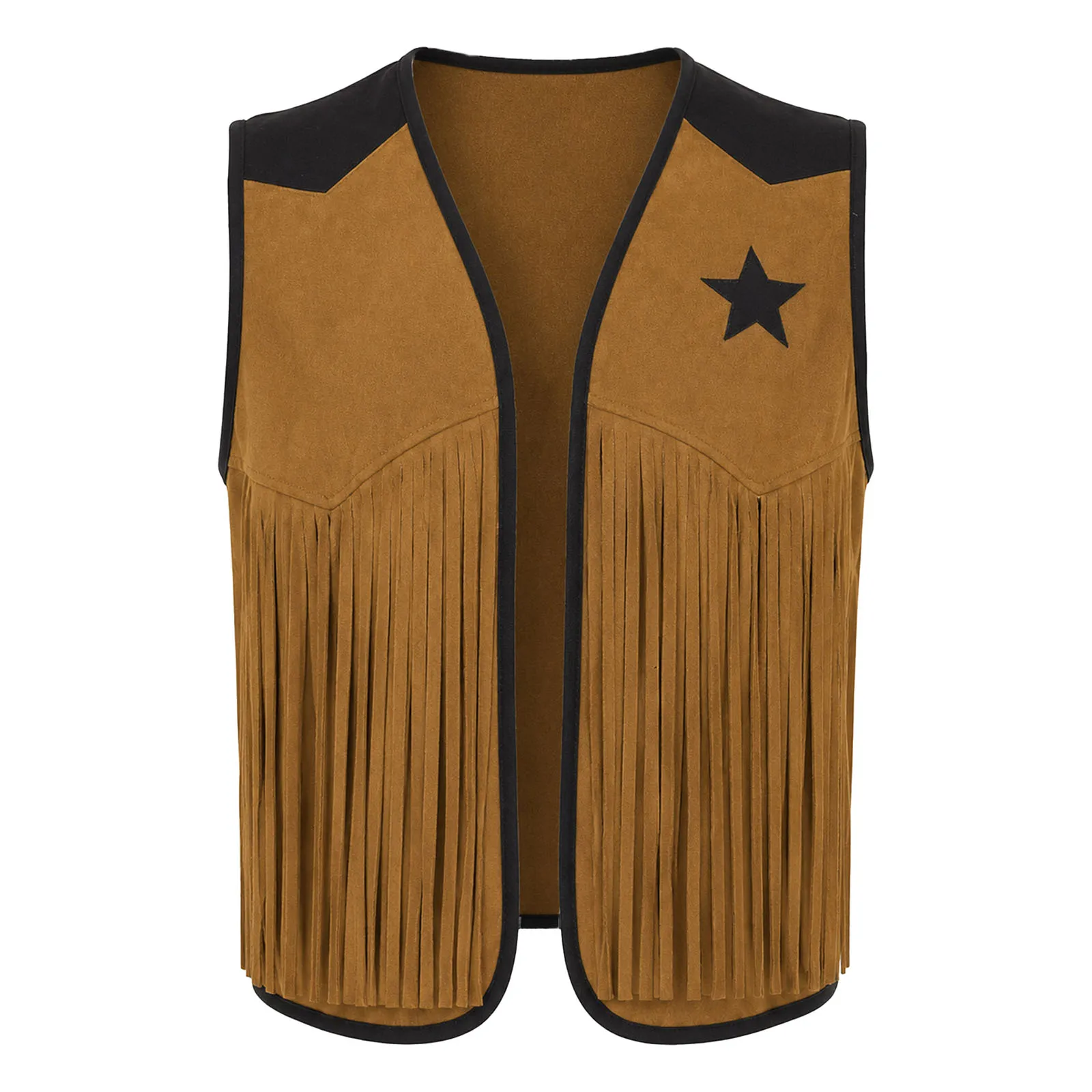 Mens Retro Western Cowboy Fringed Vest Front Tassel Star Print Open Front Faux Suede Waistcoat for Halloween Party Stage Show