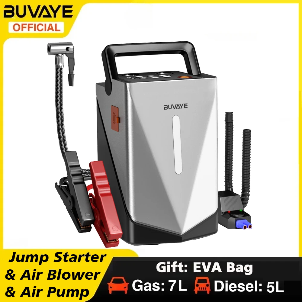 BUVAYE Car Jump Starter Air Compressor Barbecue Blower Air Pump Portable Battery Booster Inflatable Pump Power Bank LED Lighting