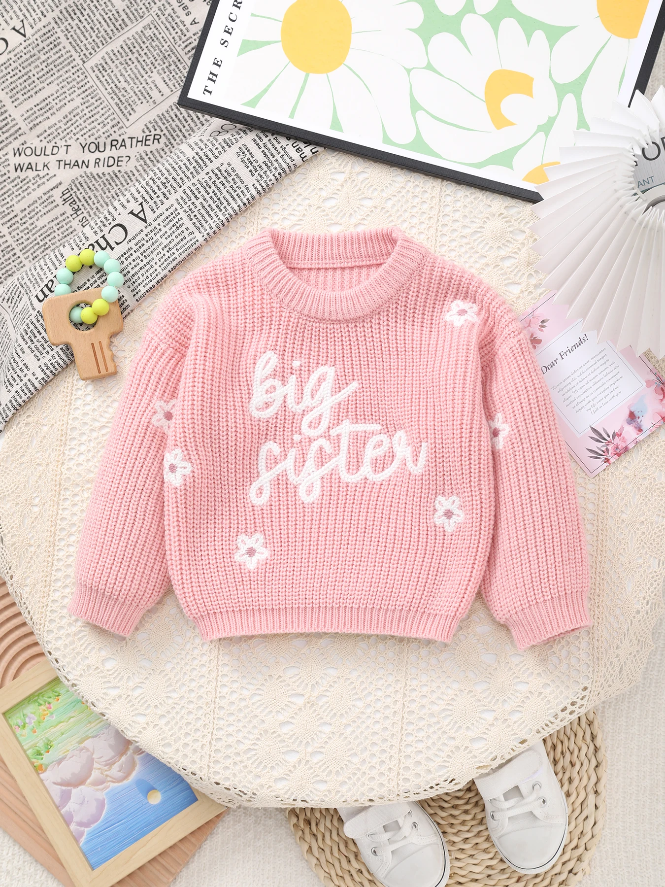 Suéter de cuello redondo de punto para niña con letras, hermana mayor y bordado de flores, fresco y versátil, Top superventas Ins