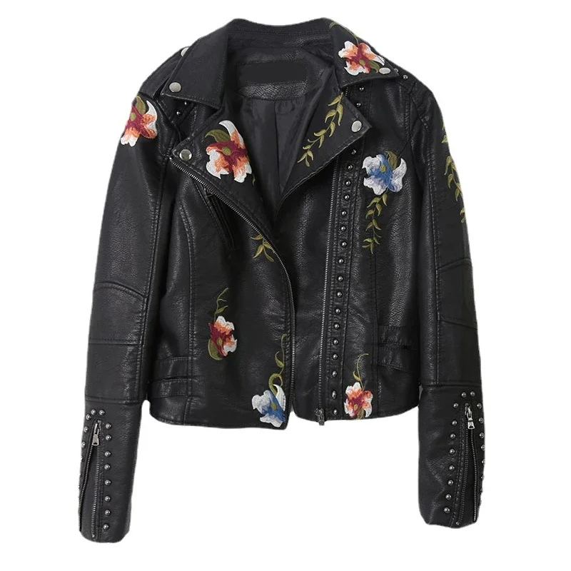 Women\'s Retro Printed Artificial Leather Motorcycle Jacket, Soft PU Leather Jacket, Embroidered Motorcycle Jacket