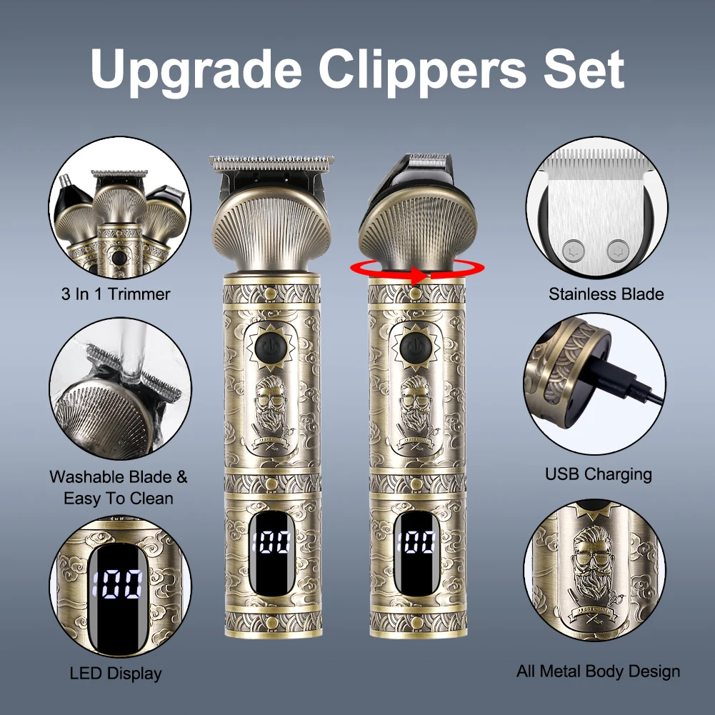 HATTEKER 2PC Professional Cordless Hair Clipper for Men Metal Barber Kit with Trimmer Hair Cutting Set for Precision Cutting 6