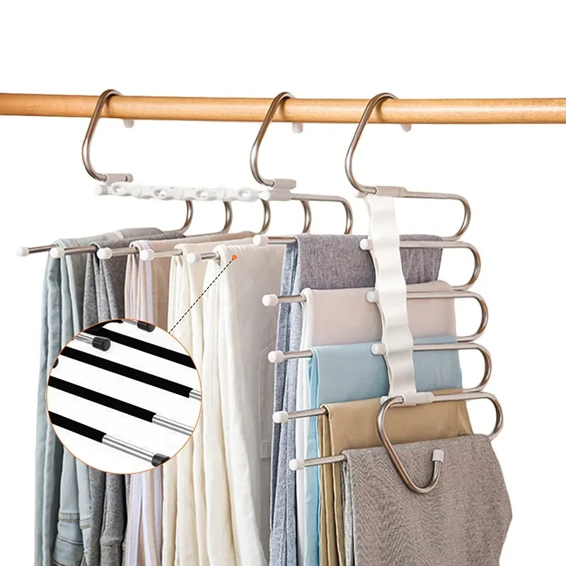 New 5 in 1 Pant Hanger for Clothes Organizer Multifunction Shelves Closet Storage Organizer Stainless Steel Magic Trouser Hanger