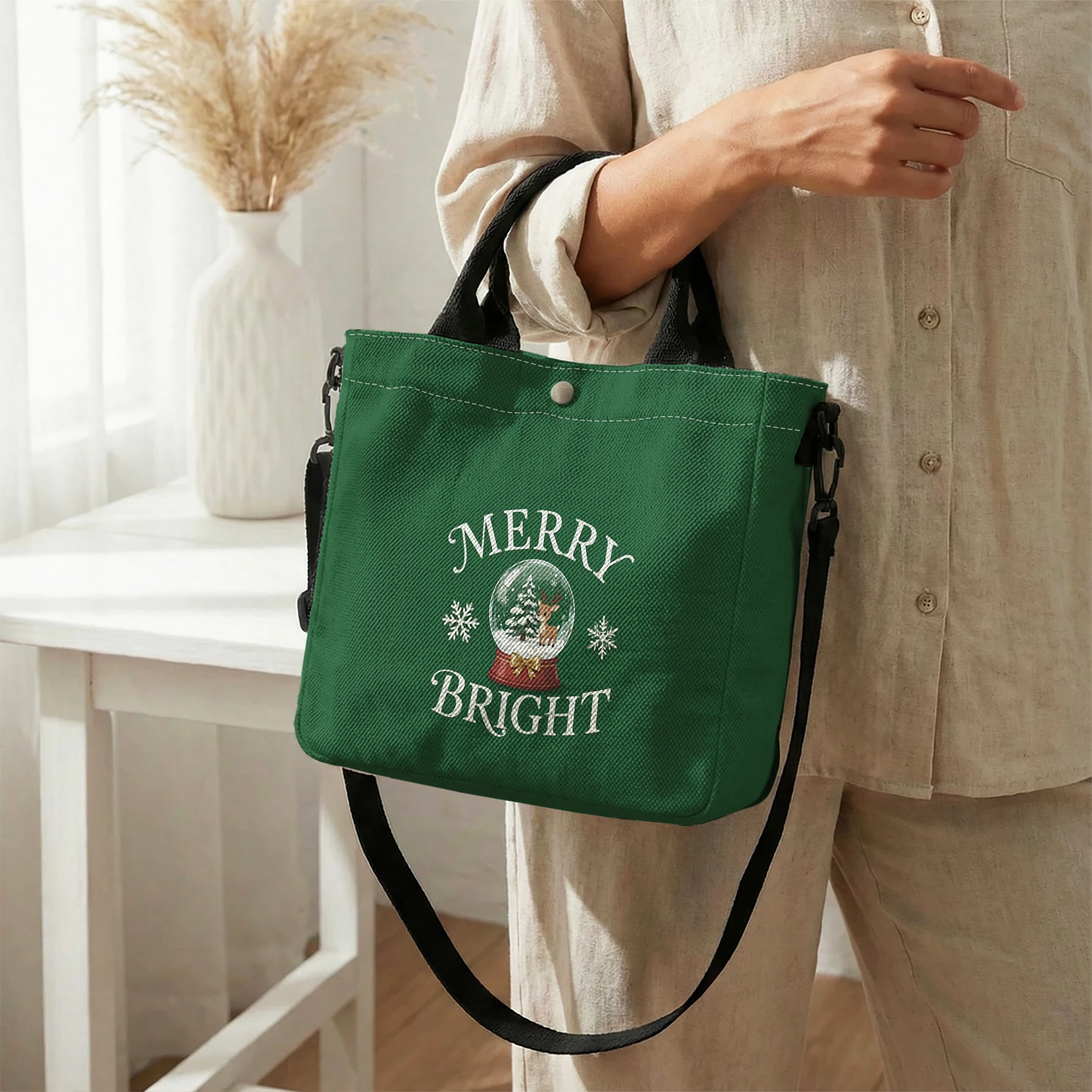 Merry Bright Snow Globe Print Tote Bag, Detachable Strap Crossbody Handbag For Daily Work Shopping