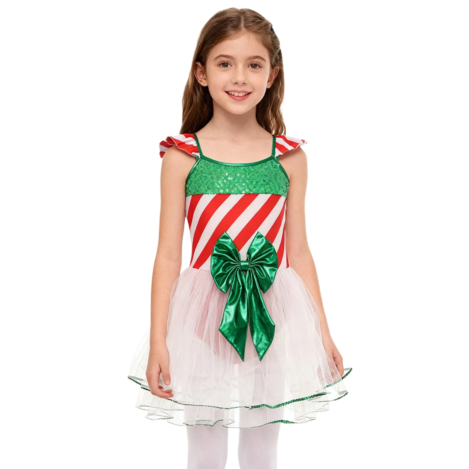 

Pretty Girls Christmas Candy Party Dress Sequins Stripes Bow Knot Tutu Dress Bodysuit Festival Xmas Santa Dress Dance Leotard