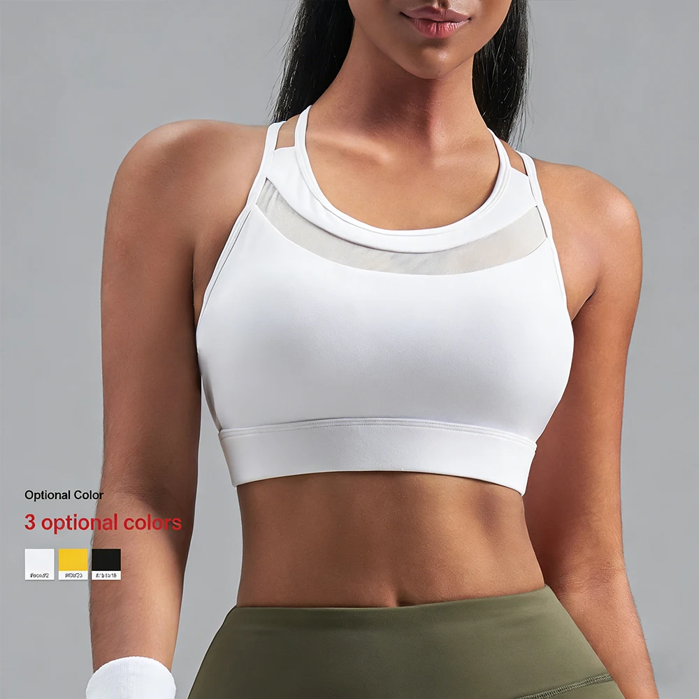 

Women Strappy Back Mesh Sports Bra, Breathable Workout Crop Top with Elastic Hem, Supportive Yoga Bra for Fitness Running