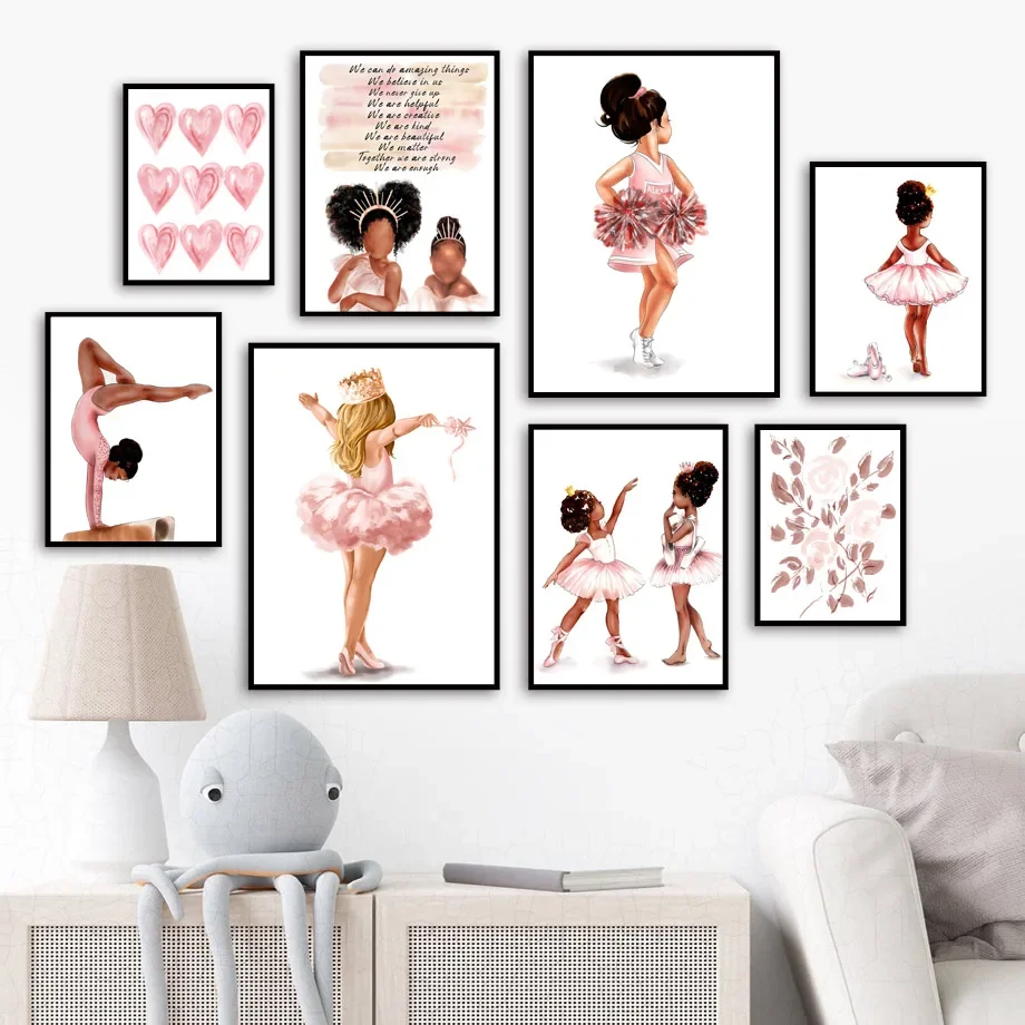 

Wall Art Canvas Painting Boho Black Girl Ballet Pink Heart Dream Nordic Posters And Prints Wall Pictures Baby Kids Room Decor