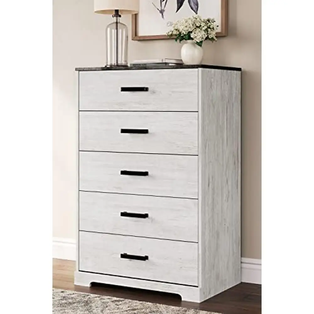 Rustic 5-Drawer Chest Two-Tone Finish Smooth Gliding Drawers Safety Stop White Gray