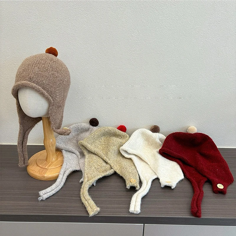 

Зимняя вязаная детская шапка-ушанка, милая детская шапка-бини с помпоном, однотонная детская шапка для защиты ушей для мальчиков и девочек