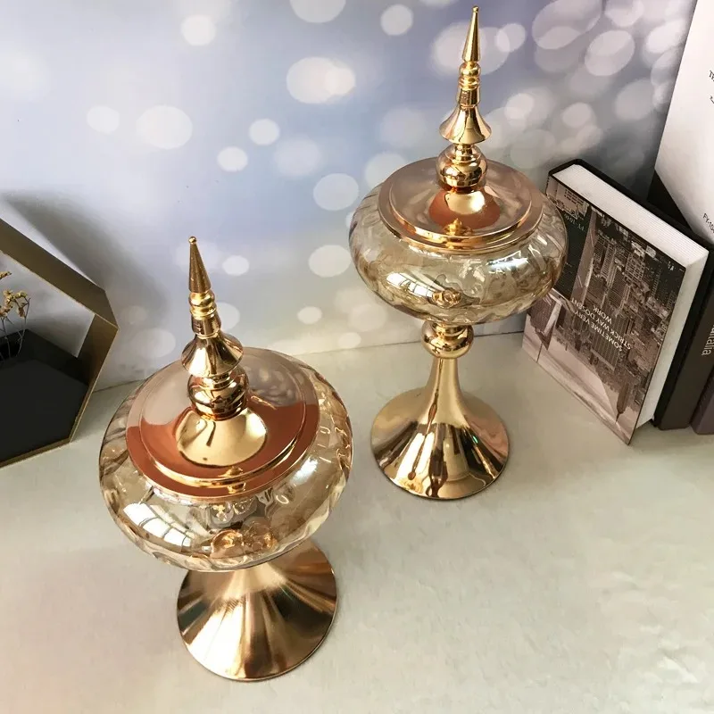 

European glass candy jar metal handicraft ornament living room home storage jar round creative decorative storage bottle