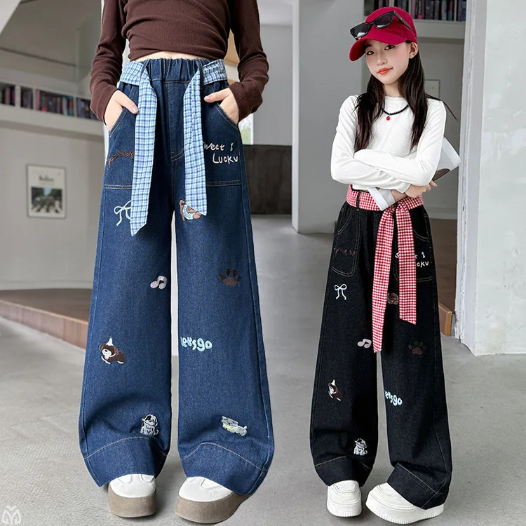 

Осень 4, 8, 12, 14, широкие джинсы с вышивкой для девочек-подростков, детские школьные прямые брюки, брюки с рисунком собаки для маленьких детей
