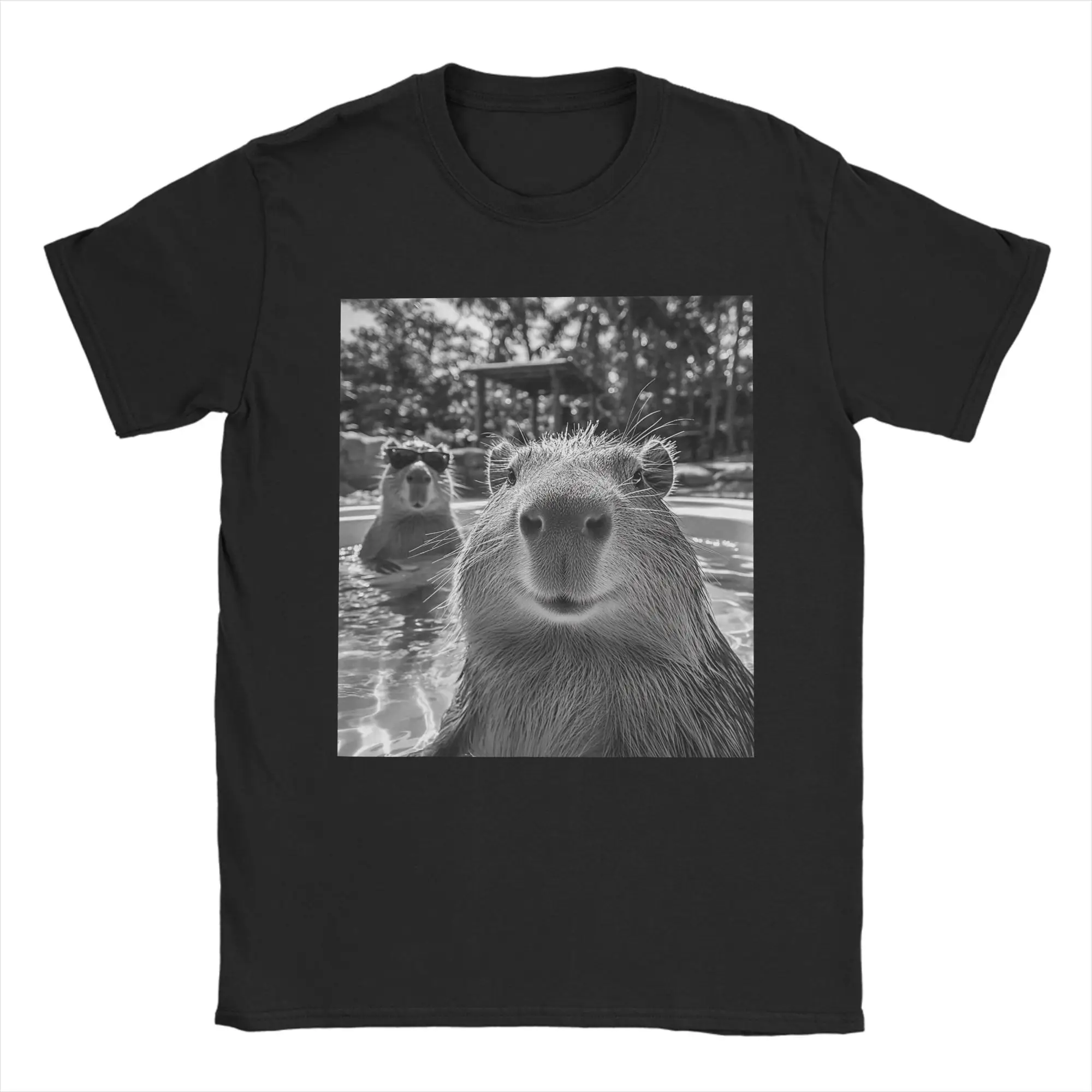 Men's T-Shirt Funny Capybara Selfie Funny 100% Cotton Tee Shirt Short Sleeve  T Shirts O Neck Clothing Printed