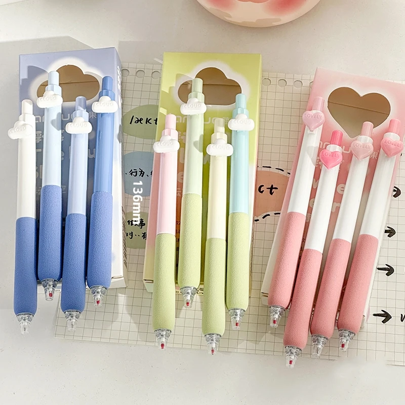 4pcs Cloud Gel Pens Set Pink Heart Soft Touch Holding 0.5mm Ballpoint Black Color Ink for Writing A7580