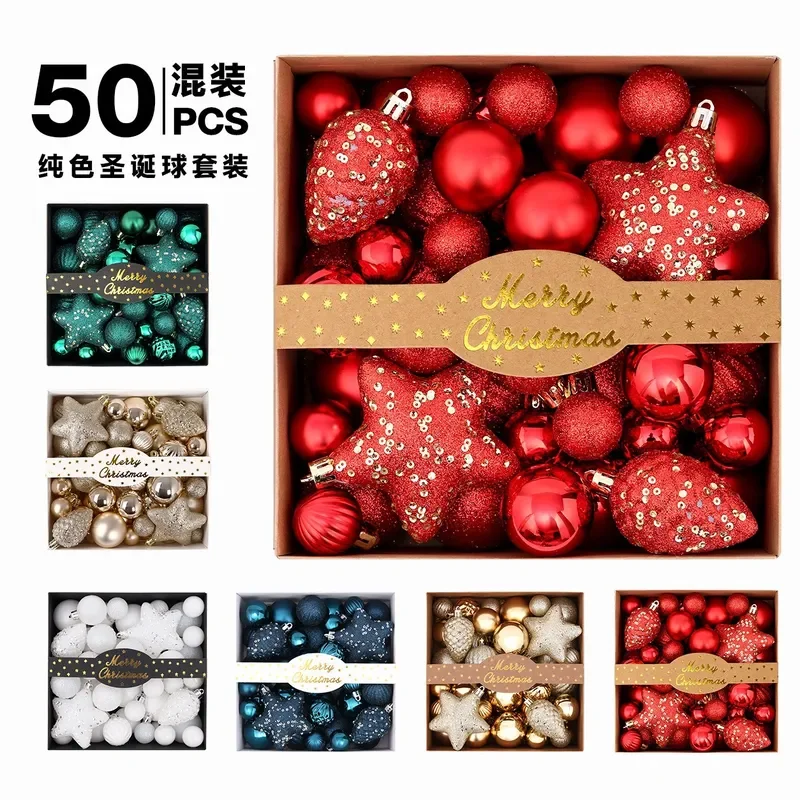 Christmas Tree Hanging Ornament Set 50Pcs Solid Color Painted Sequined Christmas Baubles Holiday Decor Balls