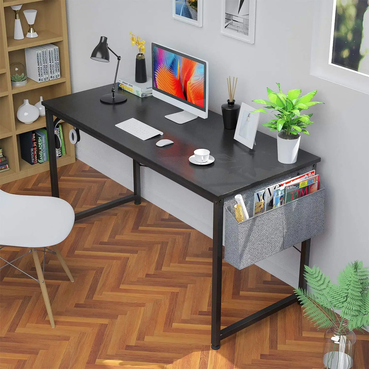 47인치 현대식 컴퓨터 책상(수납 가방 및 철제 후크 포함), 홈 오피스 학습용 책상, 블랙