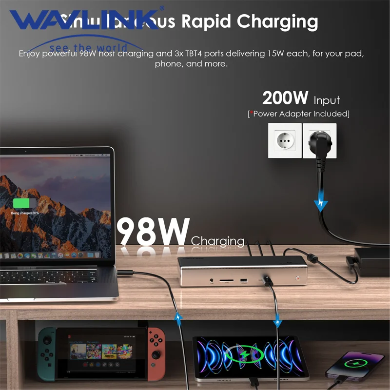 

Адаптер WAVLINK USB-C к Quad HDMI Адаптер 4K USB-C Поддержка PD Вход 140 Вт Выход 130 Вт Компактный и портативный, совместимый с Windows