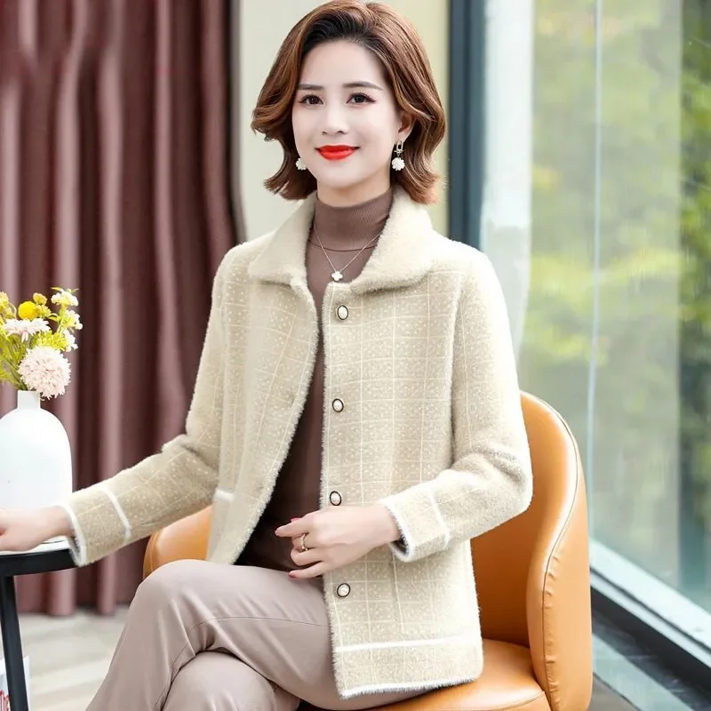 

Women's Long-sleeved Button Contrasting Plaid Cardigan Jacket Lapel Top