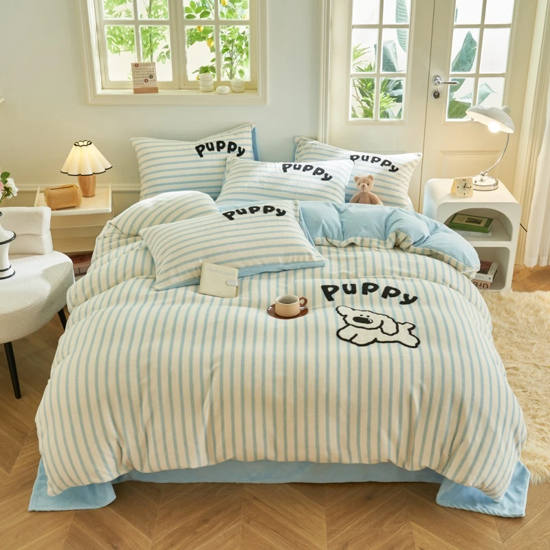 

Cartoon Puppy Animal Duvet Cover 3pcs Flannel Bedding Set Blue Stripes Plush Comforter Cover Kids Boys Girls Bedroom Quilt Cover