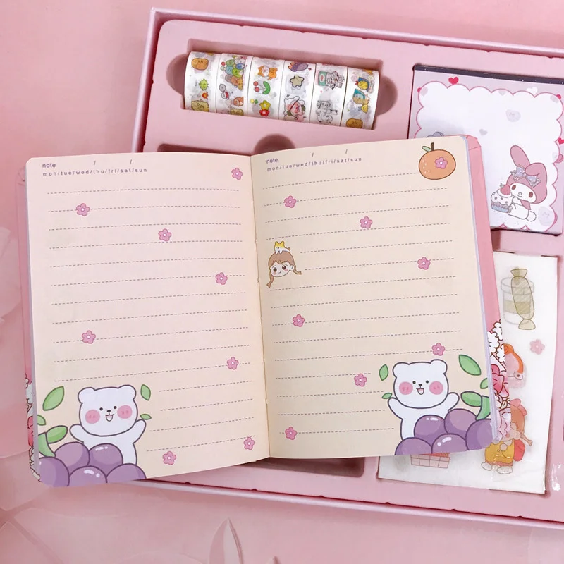 Sanrio Kuromi Melody Cinnamoroll juego de manual de dibujos animados, pegatinas de cinta para niñas lindas, Bloc de notas, bolígrafo, regalo para estudiantes de escuela, premio