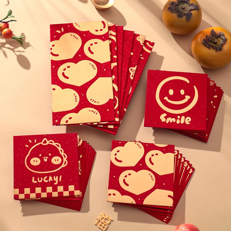 6Pcs Square Rectangle 2025 Chinese New Year Red Envelope Stamp Design Shining Spring Festival Red Pocket Hot Stamping Cute Smile