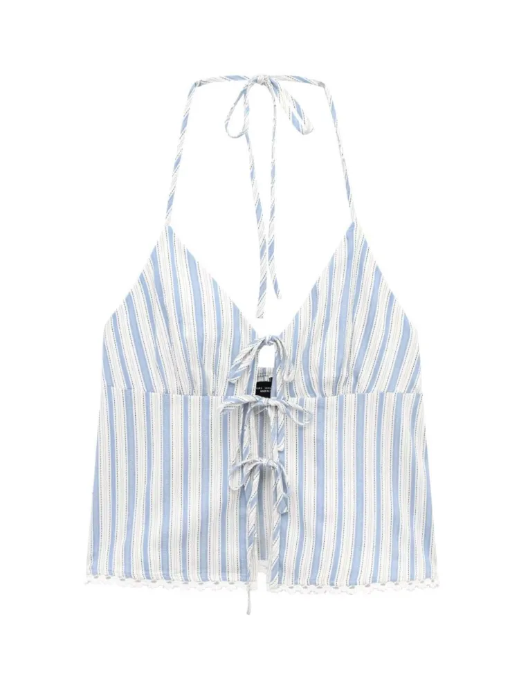 Regata listrada feminina halter rendas até arco sexy sem mangas sem costas topos feminino 2025 nova moda verão casual magro estilingue camis