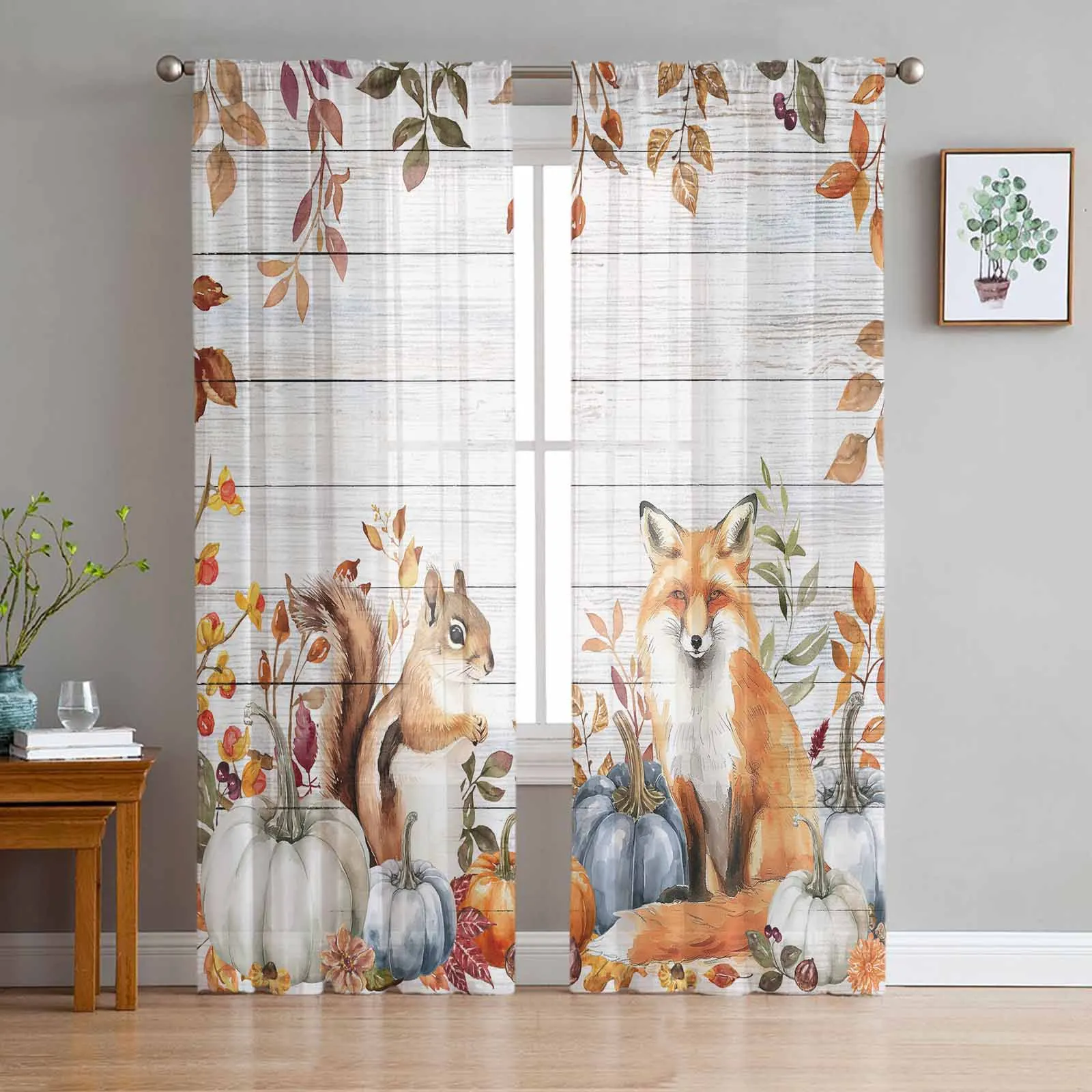 Autumn Thanksgiving Leaves Pumpkin Squirrel Fox Wood Sheer Curtains Room Decoration Window Curtains Kitchen Tulle Voile Curtains