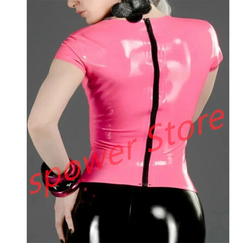 

100% Handmade Latex Top Pink Color Short Slevees with Back Zip Rubber Shirt Fetish Customize for Women Fashion Cosplay Costume