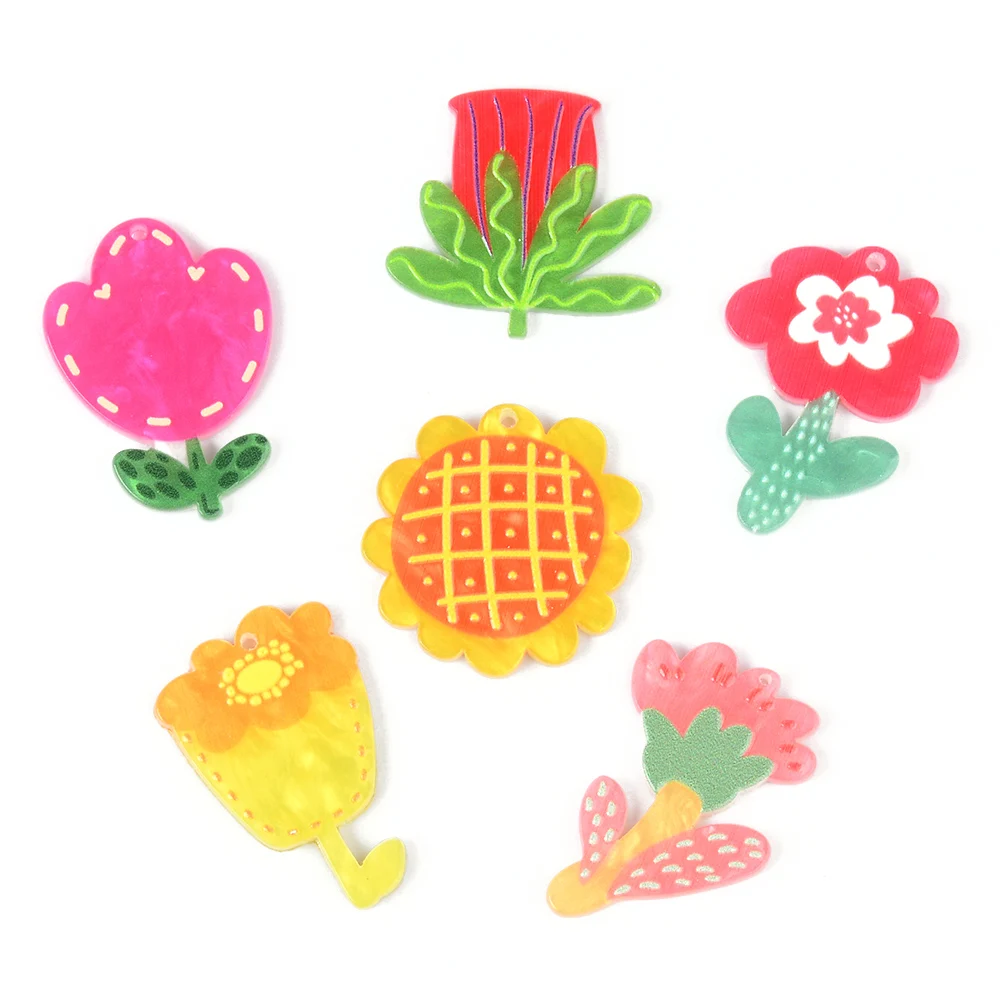 6Pc Colorful Flower Shape Acrylic Preserved Fresh Hibiscus Flower Charms Natural Daisy Petal Specimen Pendant for Jewelry Making
