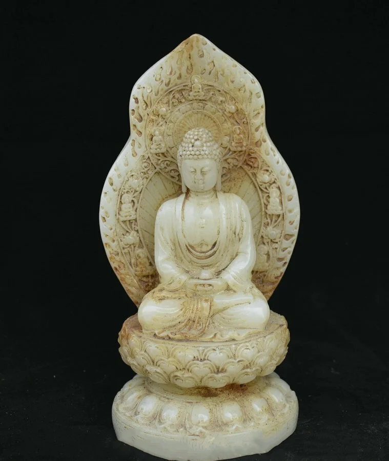

7" Old China Han White Jade Carving Sakyamuni Amitabha Buddha Backlight Statue