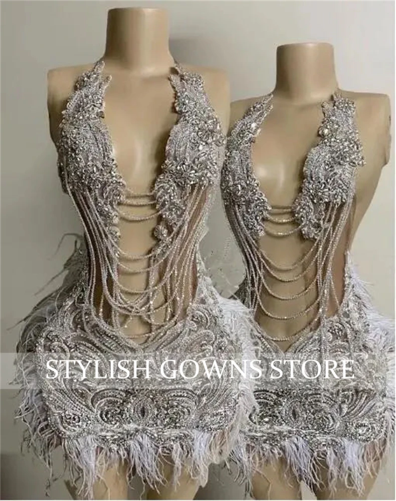 Silver Mini Luxury Birthday Dress Women 2024 Crytsal Feathers Short Prom Gowns Halter Vestidos De Graduación Party Customized