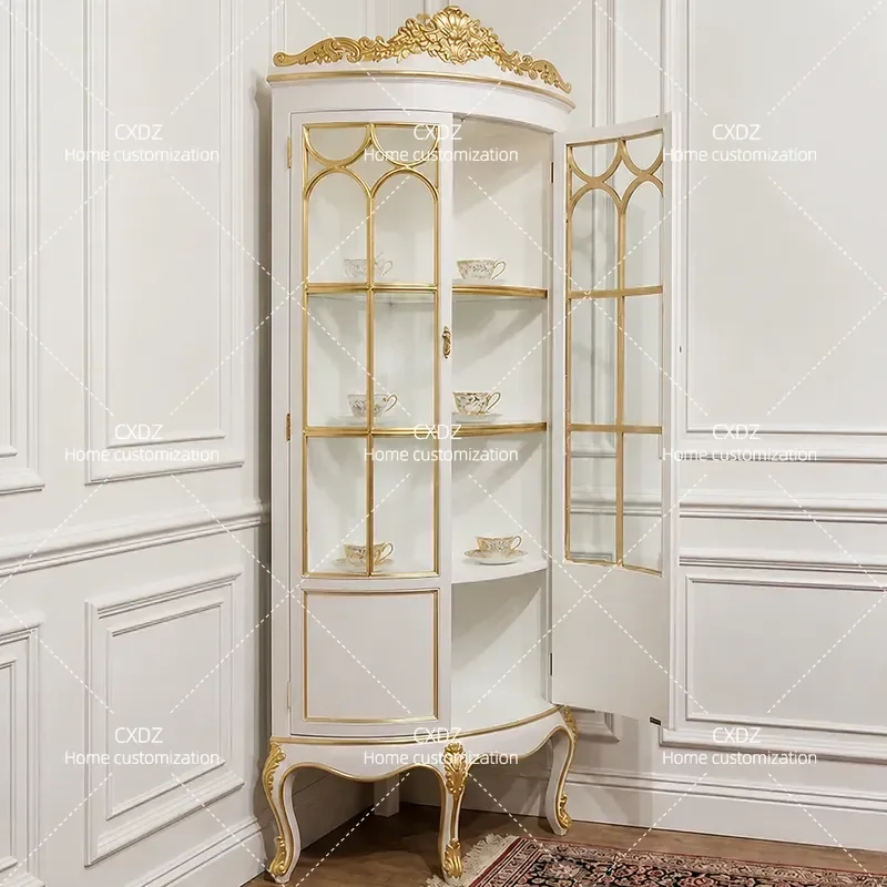 French Solid Wood Corner Cabinet Glass Wine Display Shelf Carved Triangular Storage Unit for Villa Living Room European Style