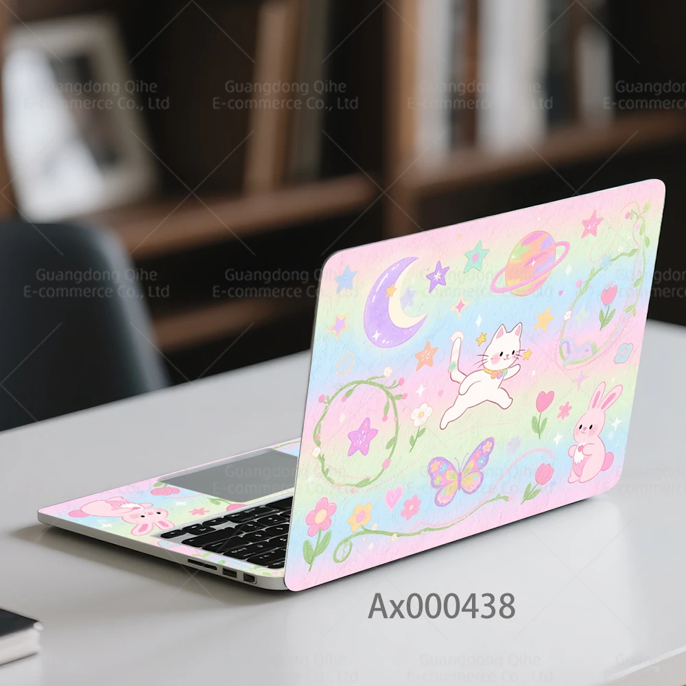 2 Pcs Dreamy Pastel Fairy-Tale Laptop Stickers Self-Adhesive Waterproof Decals for MacBook with Starry Sky & Cute Pets Crafts