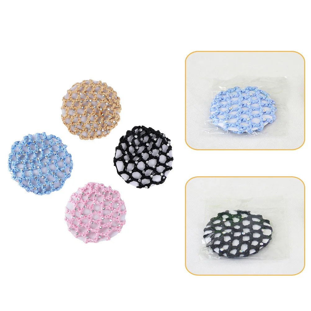 

4pcs Elastic Hair Snood Bun Cover For Women Hairnet Headdress Lightweight Polyester Rhinestone Design Wedding Prom