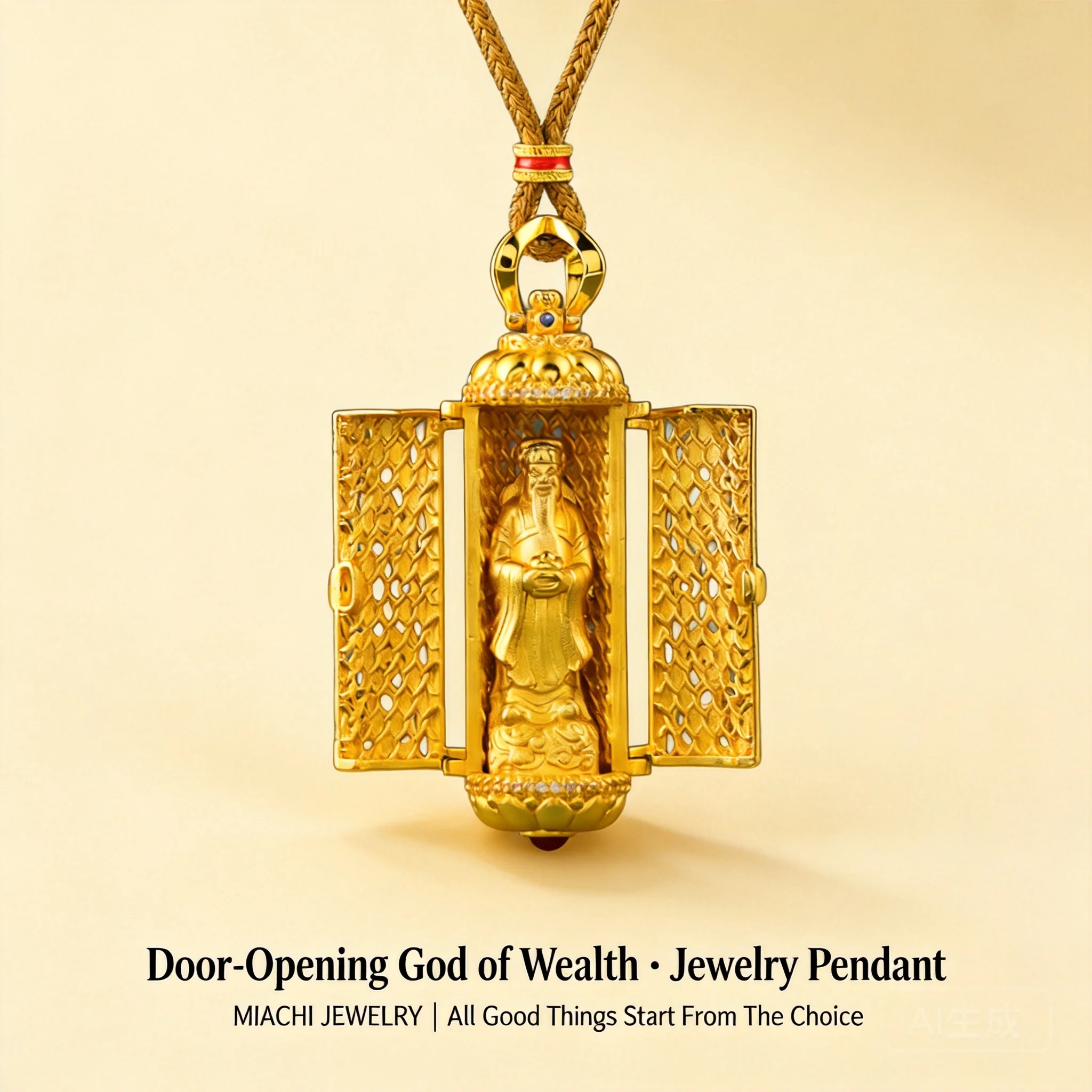 24k Gold Plated Traditional Chinese Style Openable God Of Wealth Pendant Rotatable Filigree Hollow Out Lucky Wealth Amulet Neckl